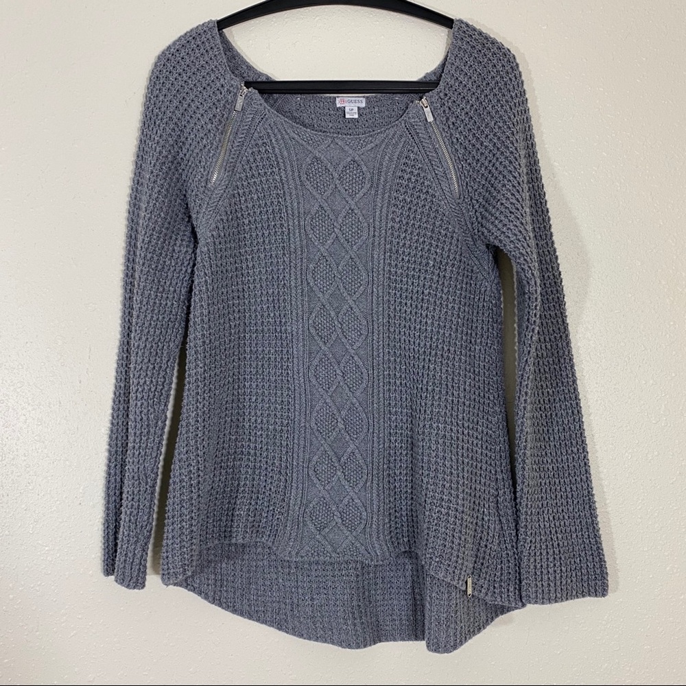 GUESS  Cable Knit  Sweater S/P Gray Long sleeve Scoop neck Sweater Zippe…